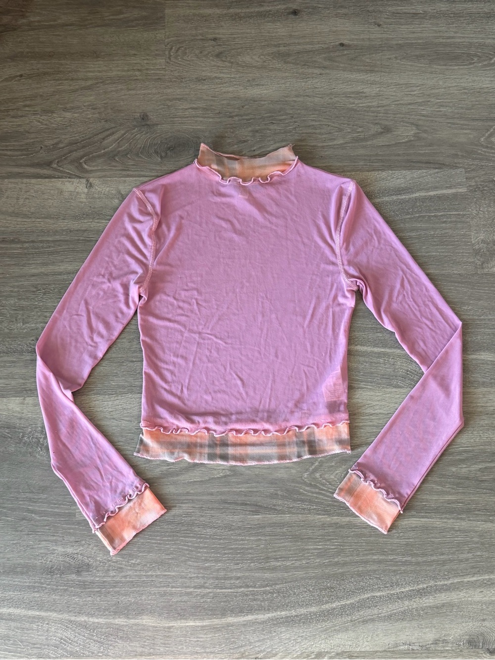 Urban Outfitters Pink Plaid Mesh Lettuce Edge Mock Neck Top Size M